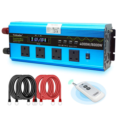 LVYUAN Power Inveter 4000W /8000W pure sine wave 12V to 240V converter LCD with remote 4 AC outlets USB